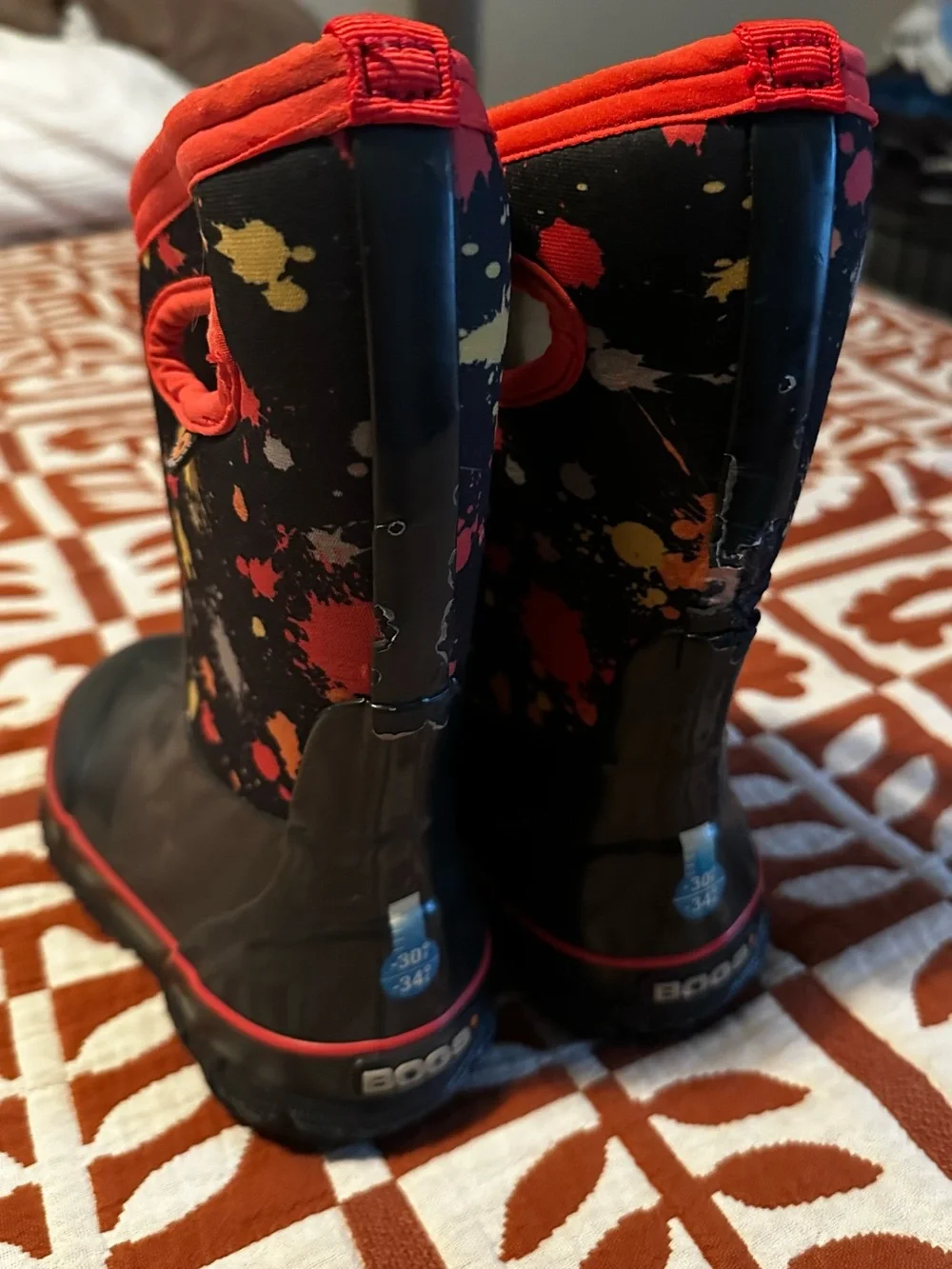 Bogs Kids’ Rain Boots - Black with Red Trim and Colorful Paint Splatter